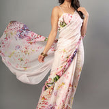 Floral Printed Pink Georgette Saree - Anvi Couture Front 4