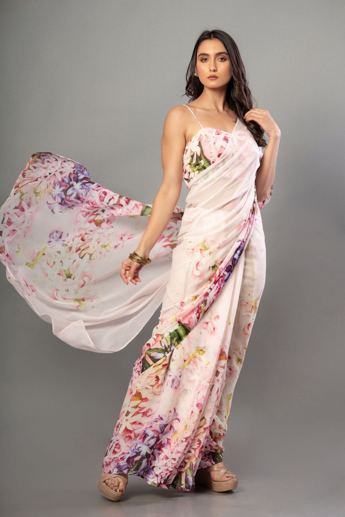 Floral Printed Pink Georgette Saree - Anvi Couture Front 4