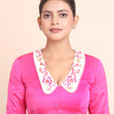 Fuchsia Pink Satin Silk Embroidered Collar Blouse full