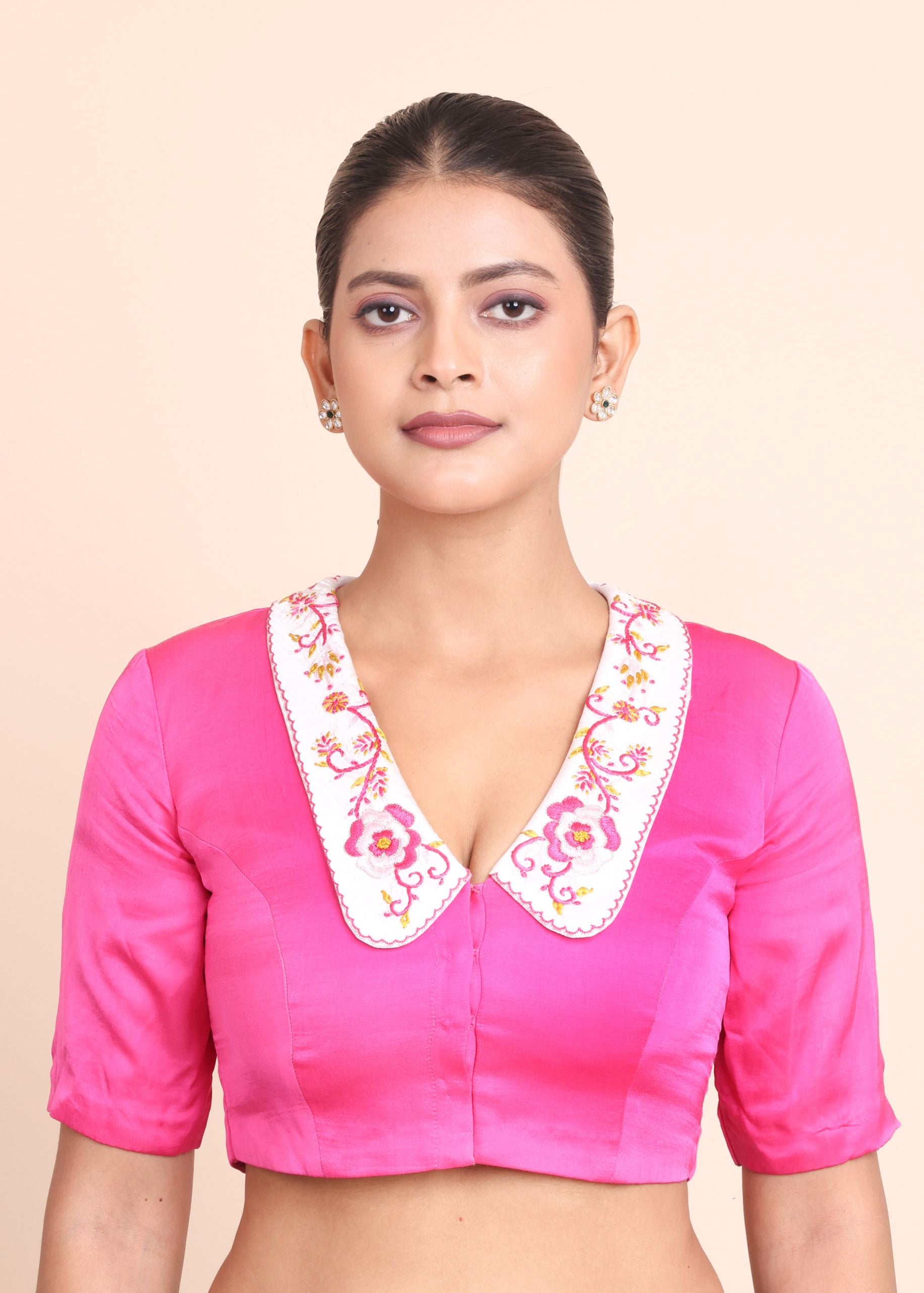 Fuchsia Pink Satin Silk Embroidered Collar Blouse full