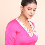 Fuchsia Pink Satin Silk Embroidered Collar Blouse close up