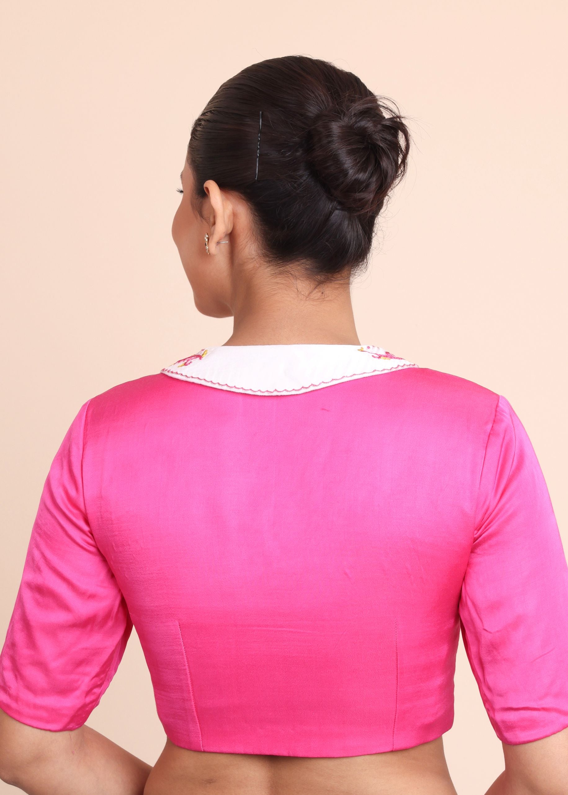 Fuchsia Pink Satin Silk Embroidered Collar Blouse back
