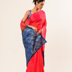 Fusia Pink and Blue Kanjivaram Silk Saree with Geometric Pattern Border 