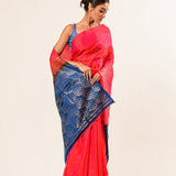 Fusia Pink and Blue Kanjivaram Silk Saree with Geometric Pattern Border 