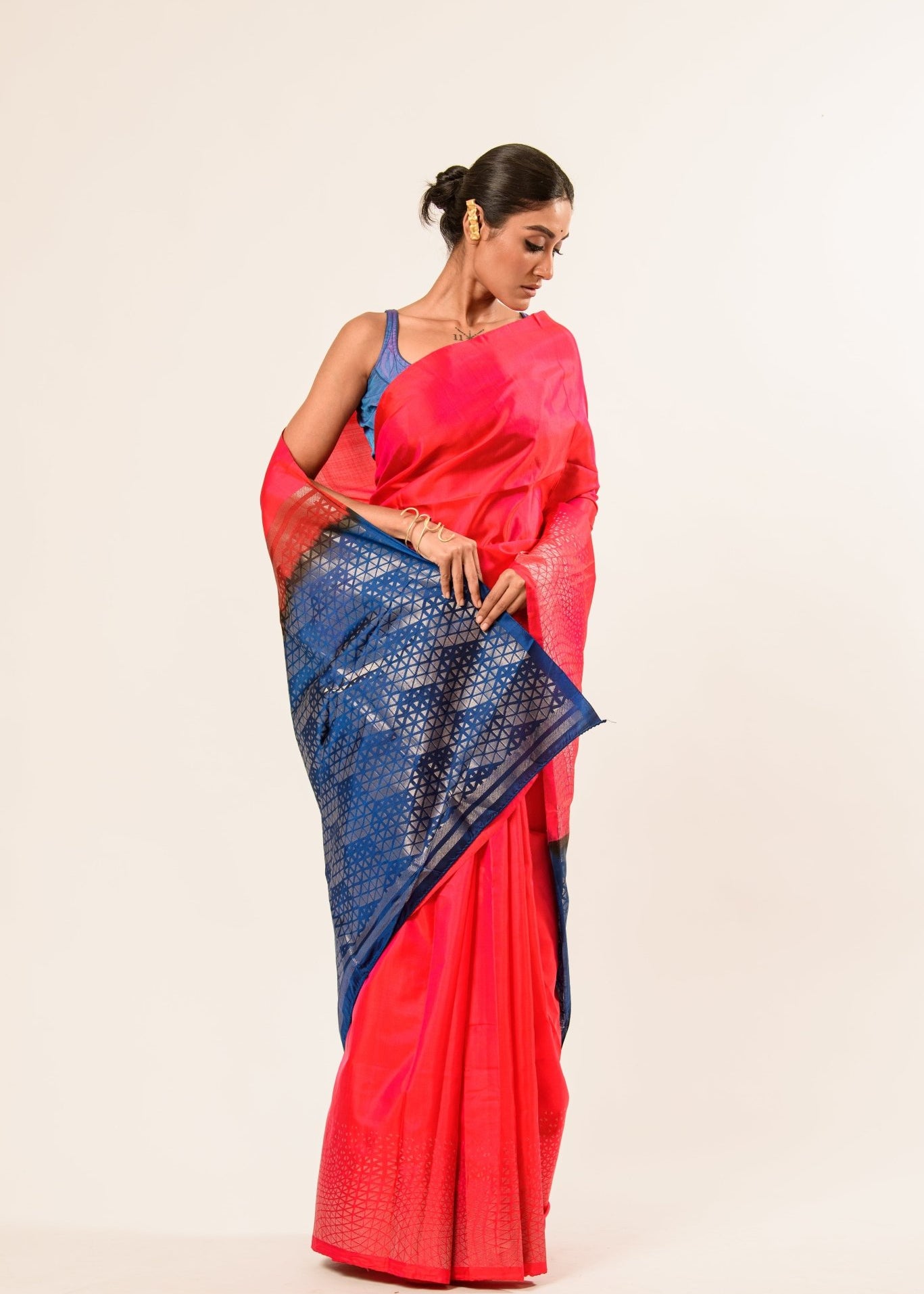 Fusia Pink and Blue Kanjivaram Silk Saree with Geometric Pattern Border 