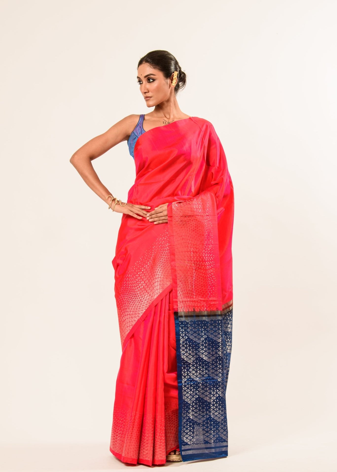 Fusia Pink and Blue Kanjivaram Silk Saree with Geometric Pattern Border 