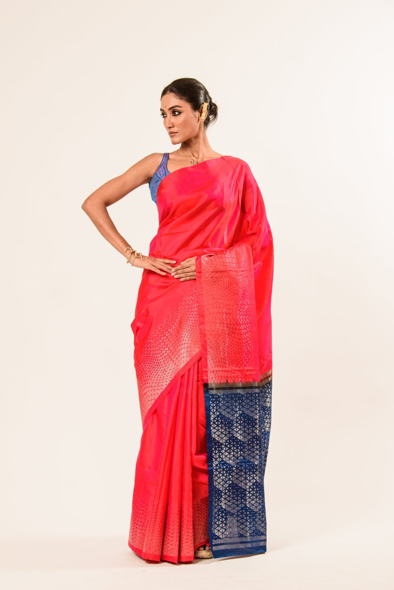 Fusia Pink and Blue Kanjivaram Silk Saree with Geometric Pattern Border 