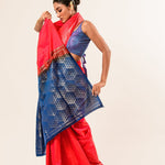 Fusia Pink and Blue Kanjivaram Silk Saree with Geometric Pattern Border 