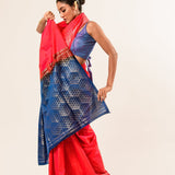 Fusia Pink and Blue Kanjivaram Silk Saree with Geometric Pattern Border 