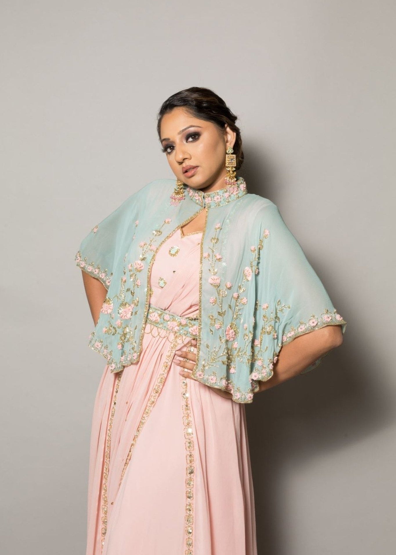 Georgette Embroidered Cape and Draped Dress - Anvi Couture