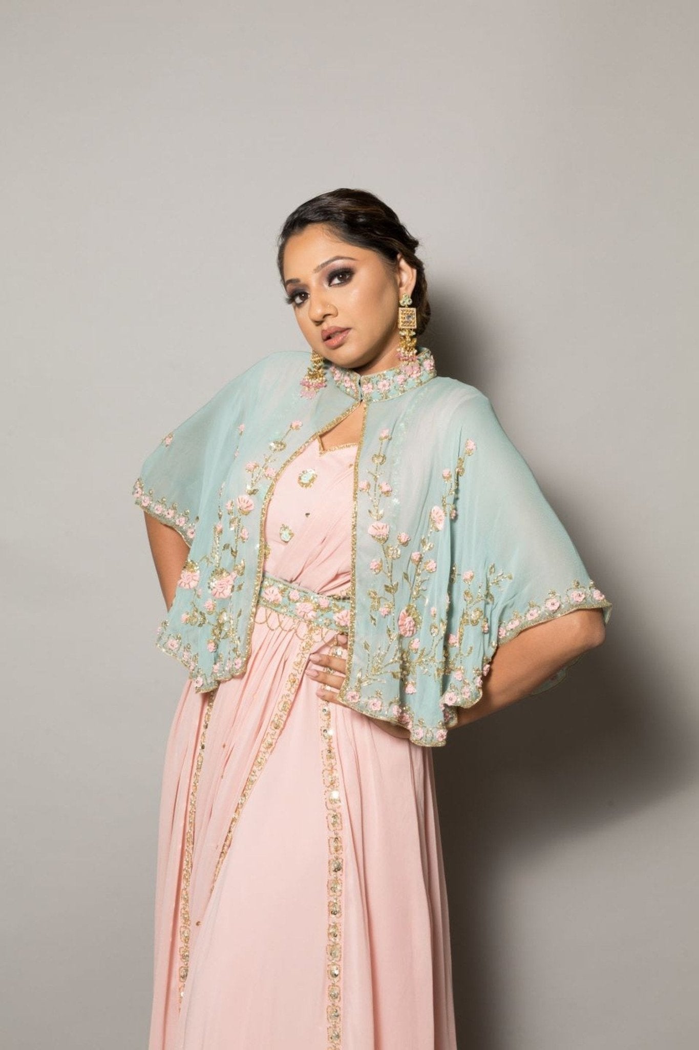 Georgette Embroidered Cape and Draped Dress - Anvi Couture