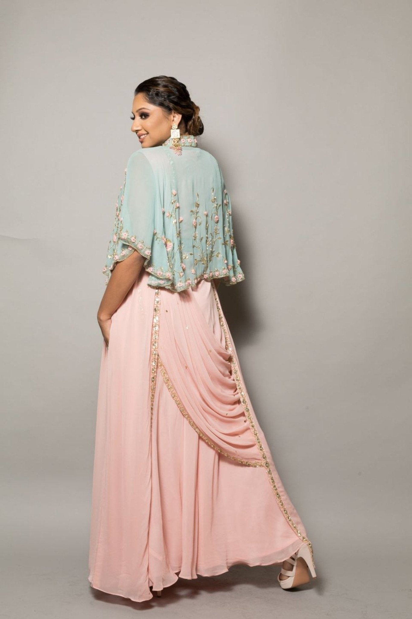 Georgette Embroidered Cape and Draped Dress - Anvi Couture