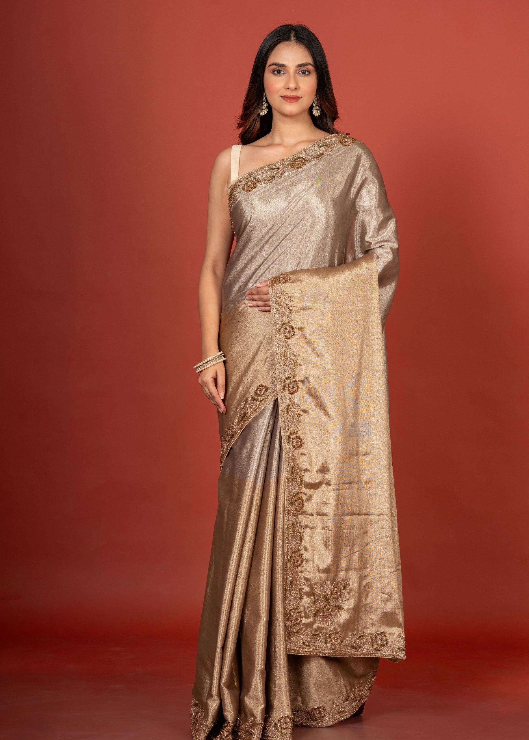 Gold & Silver Tissue Borcade Banarasi Saree with Hand Embroidered Work Full
