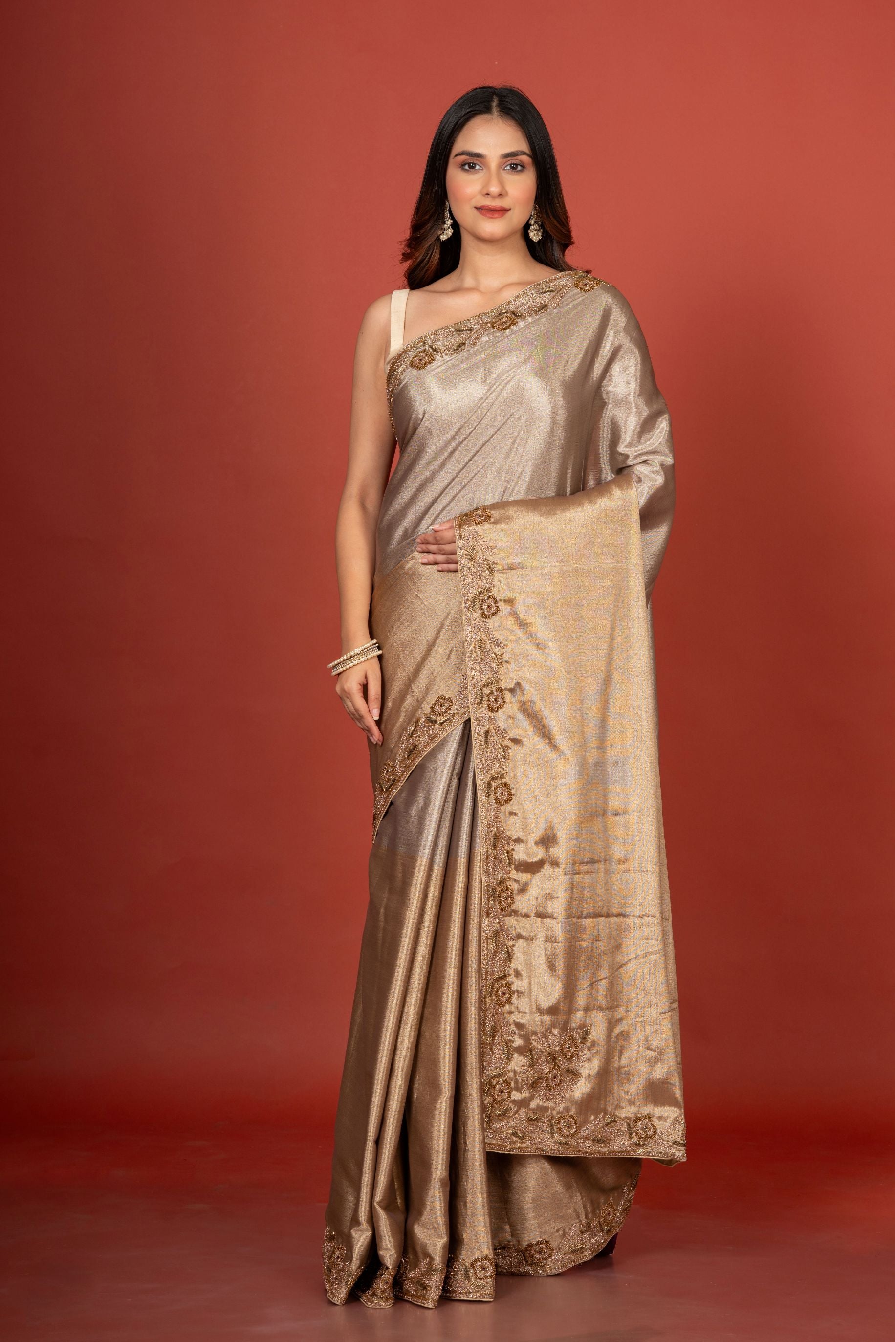 Gold & Silver Tissue Borcade Banarasi Saree with Hand Embroidered Work Full
