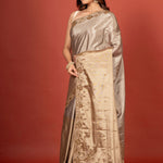 Gold & Silver Tissue Borcade Banarasi Saree with Hand Embroidered Work Front
