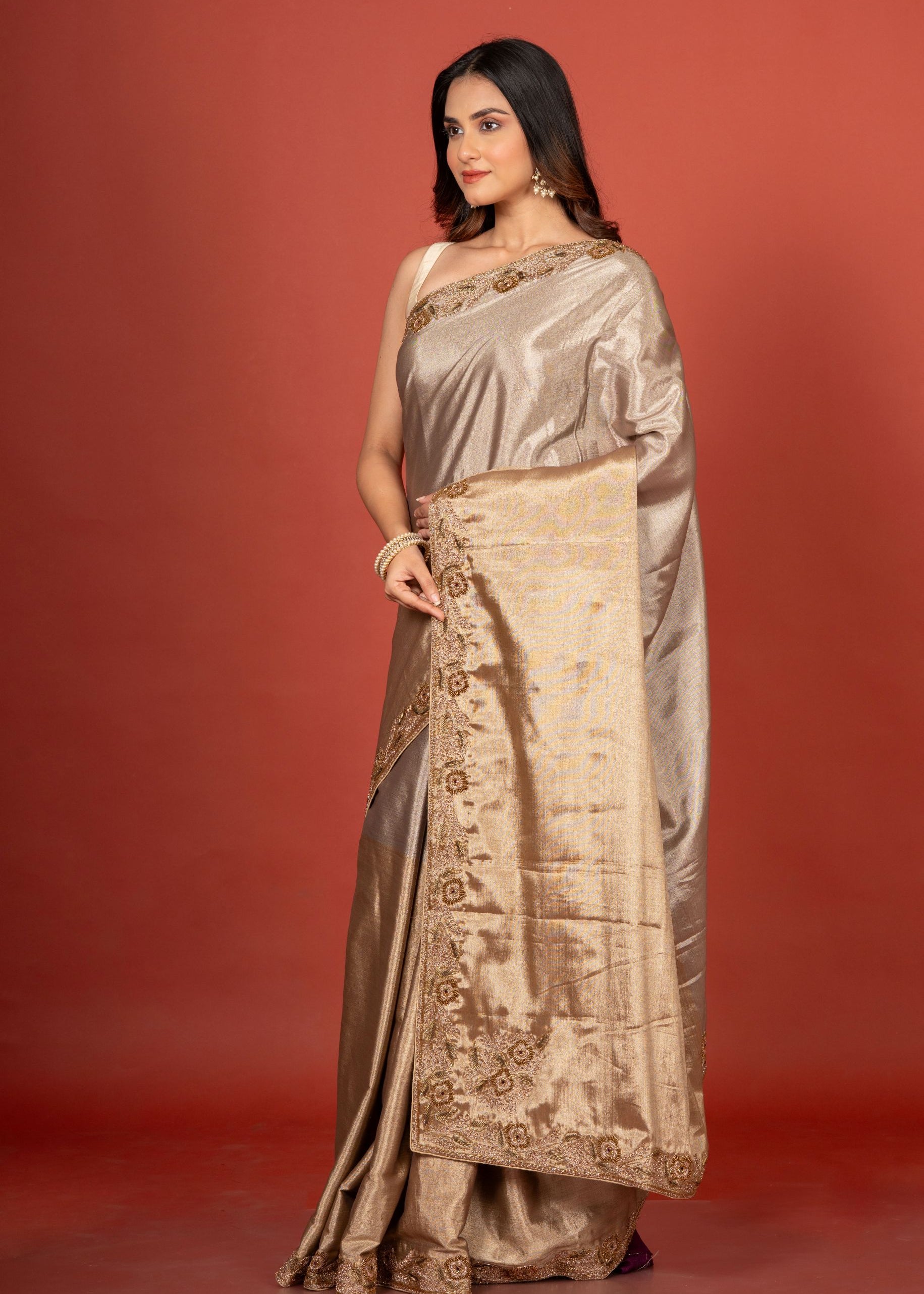 Gold & Silver Tissue Borcade Banarasi Saree with Hand Embroidered Work Front
