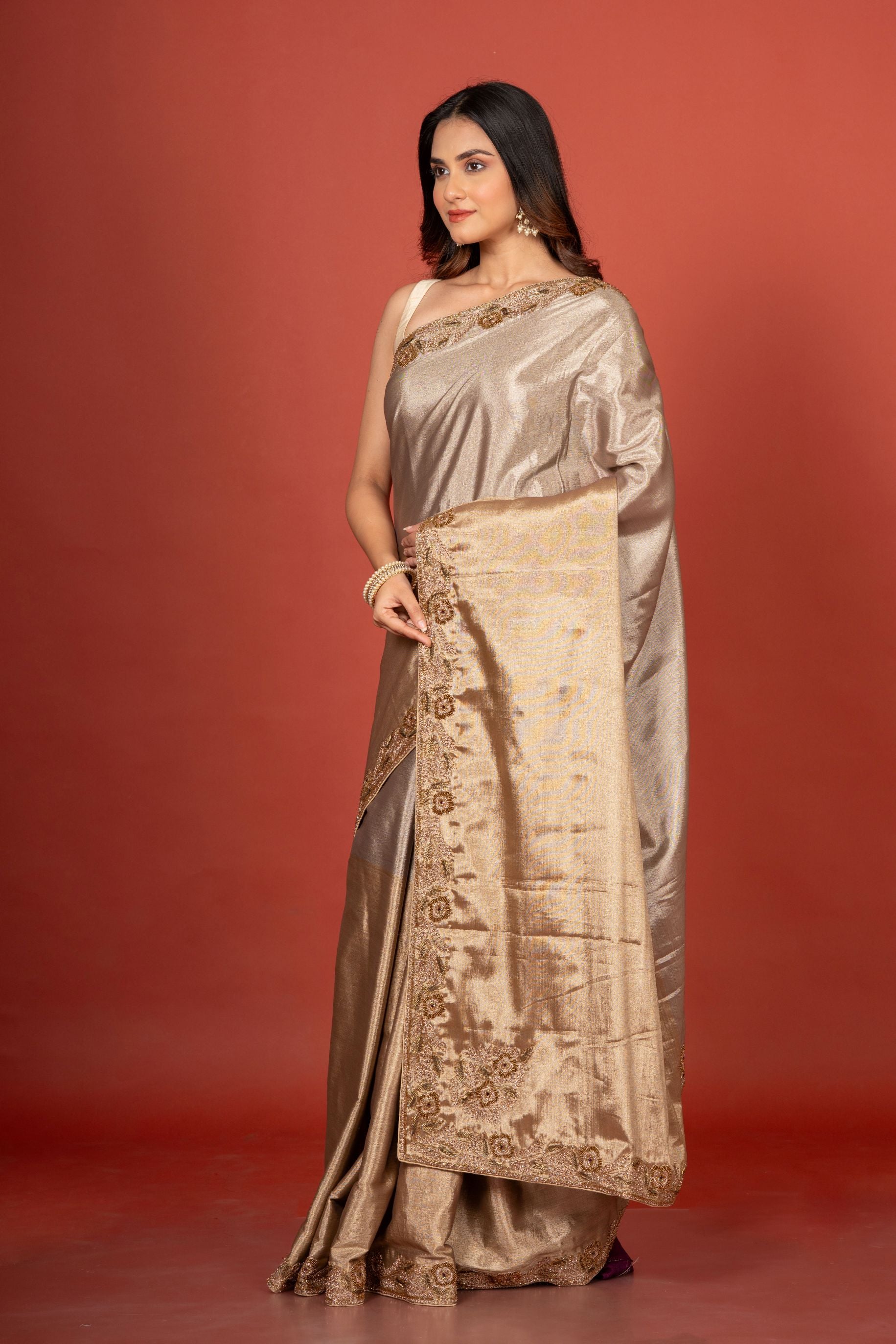 Gold & Silver Tissue Borcade Banarasi Saree with Hand Embroidered Work Front
