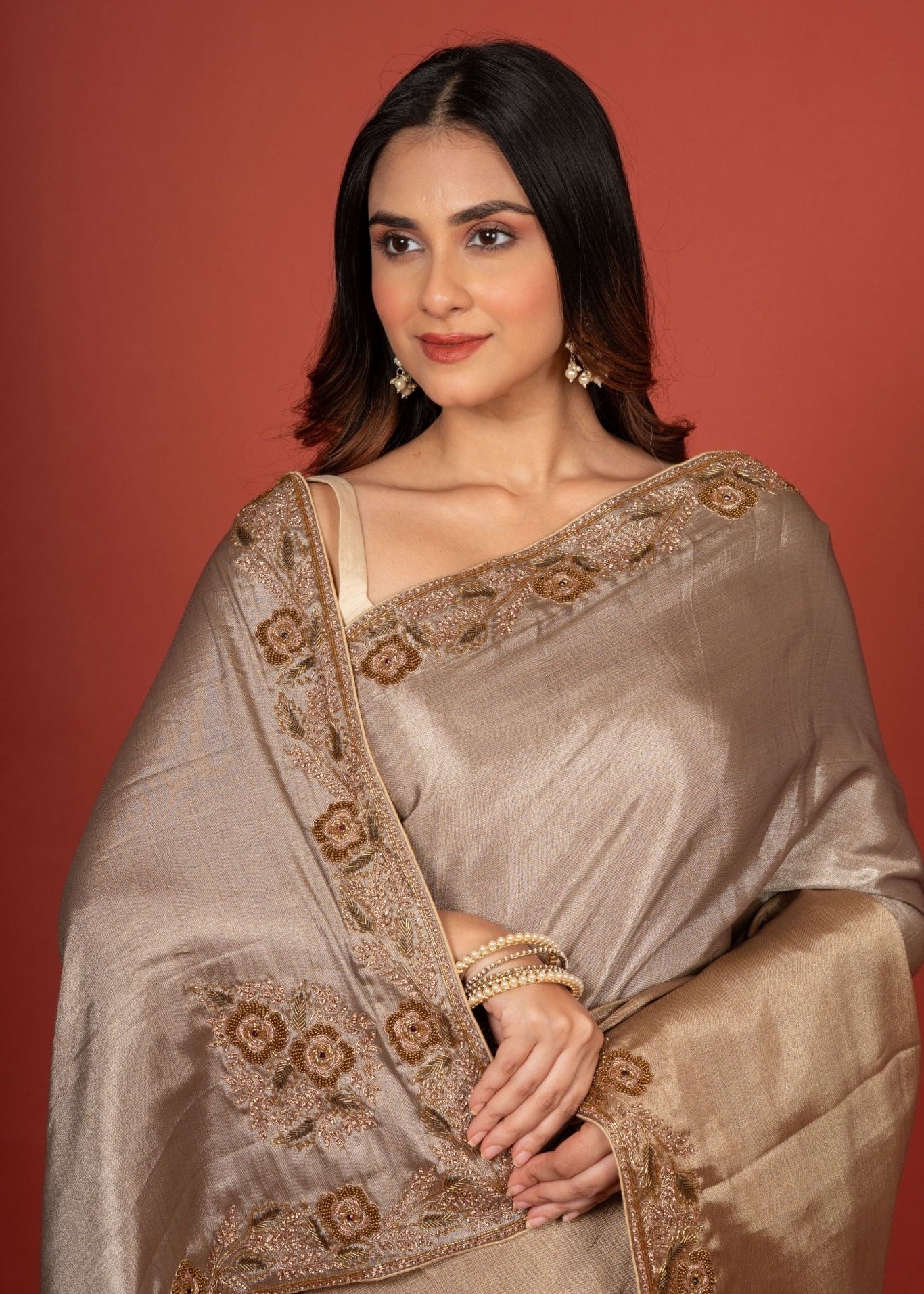 Gold & Silver Tissue Borcade Banarasi Saree with Hand Embroidered Work - Anvi Couture