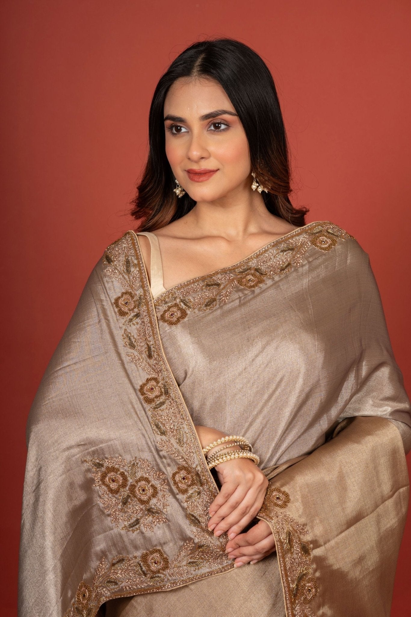 Gold & Silver Tissue Borcade Banarasi Saree with Hand Embroidered Work - Anvi Couture