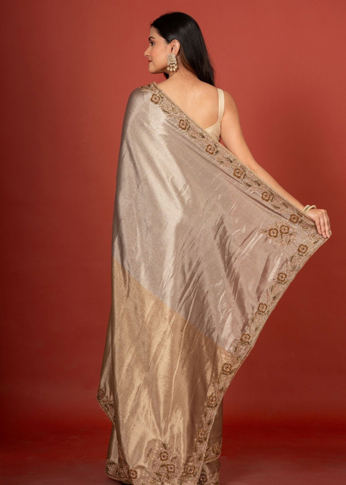 Gold & Silver Tissue Borcade Banarasi Saree with Hand Embroidered Work - Anvi Couture