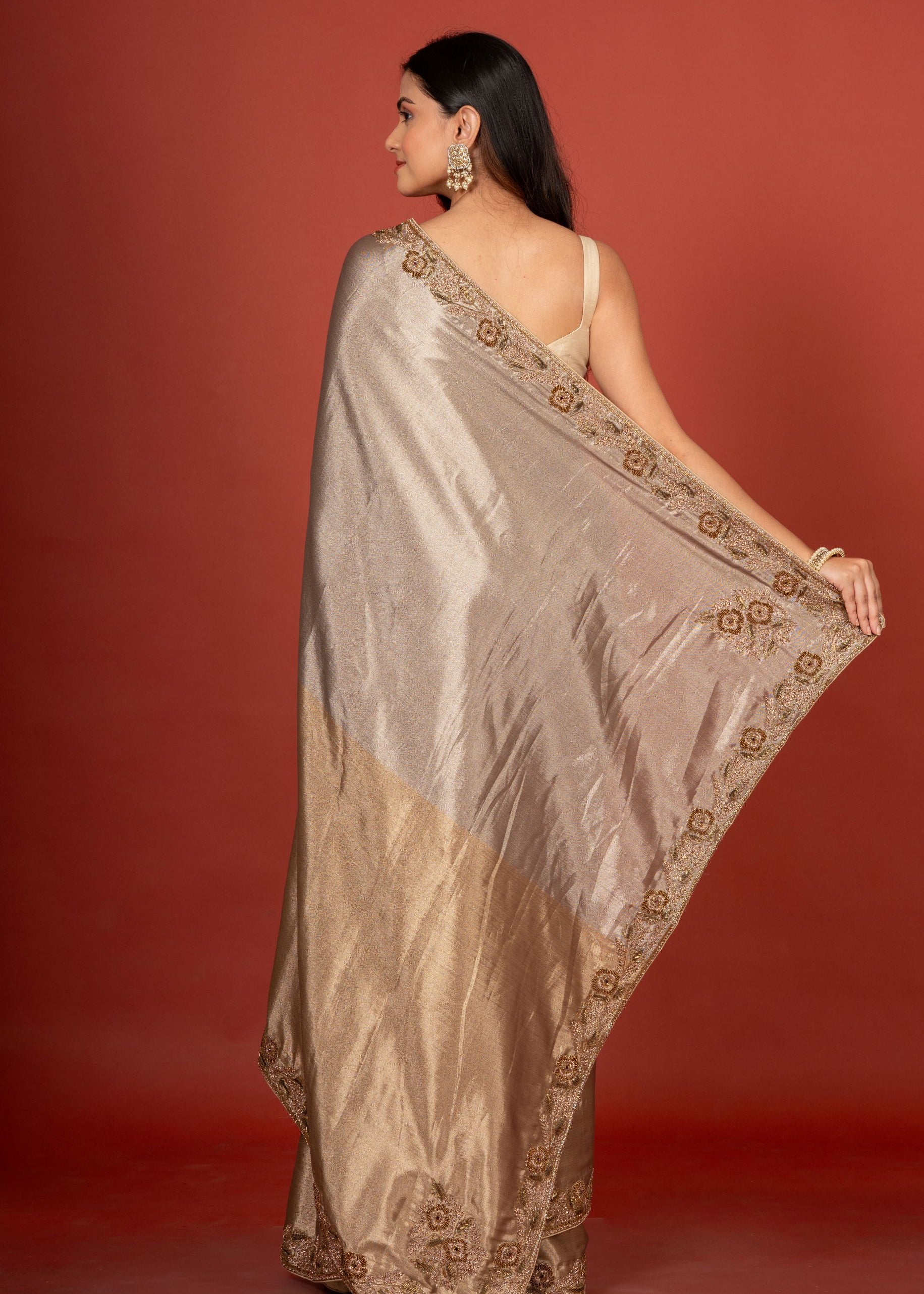 Gold & Silver Tissue Borcade Banarasi Saree with Hand Embroidered Work Back
