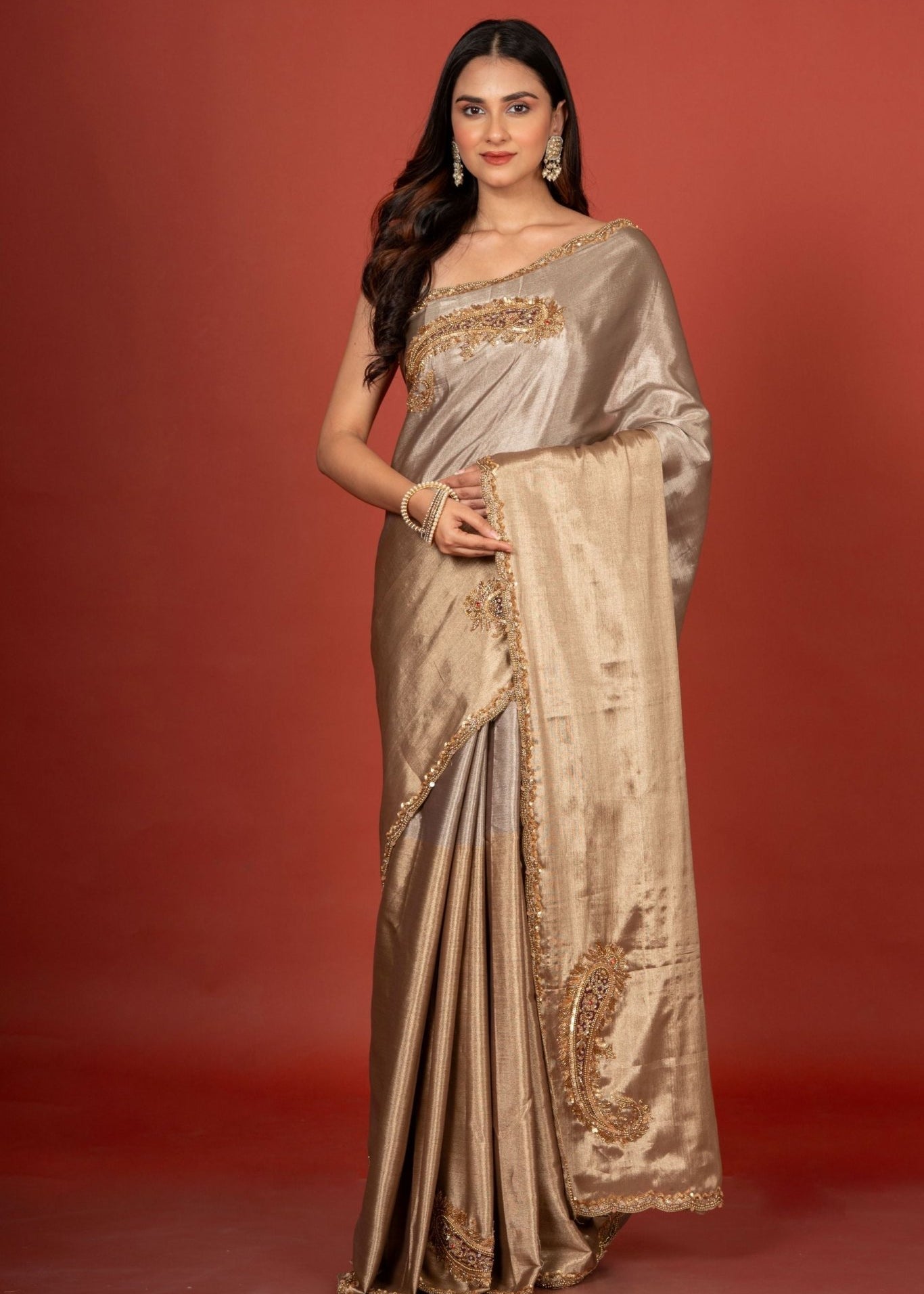 Gold and Silver Tissue Silk Saree With Embroidered Work - Anvi Couture