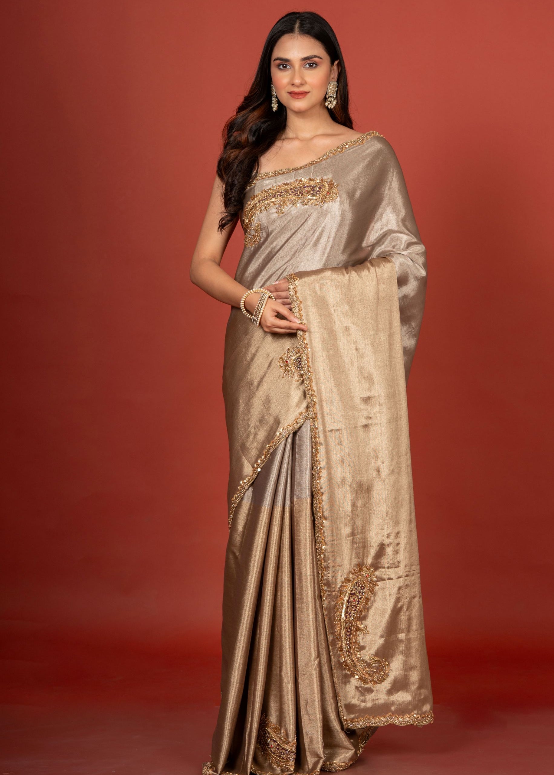 Gold and Silver  tissue Silk Saree With Embroidered Work Full
