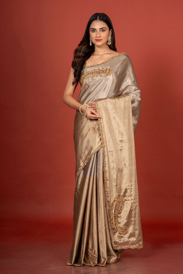 Gold and Silver  tissue Silk Saree With Embroidered Work Full

