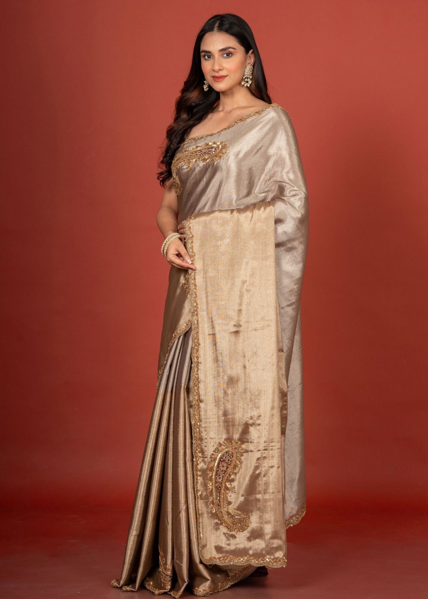 Gold and Silver Tissue Silk Saree With Embroidered Work - Anvi Couture