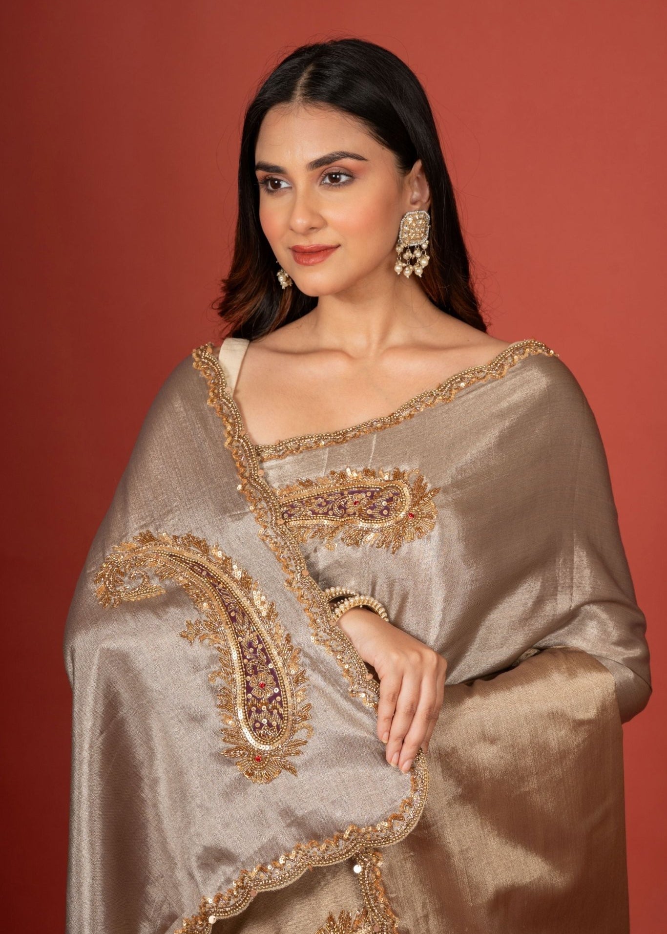 Gold and Silver Tissue Silk Saree With Embroidered Work - Anvi Couture