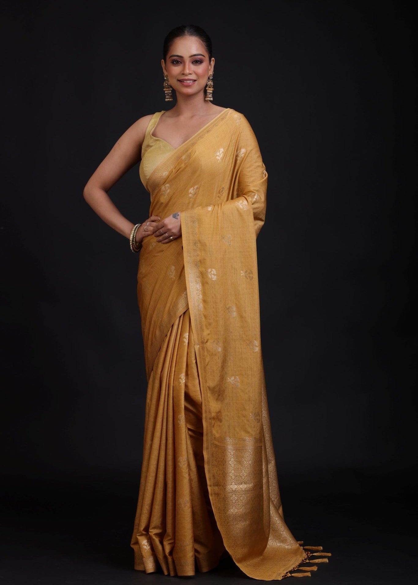 Golden Cotton Handloom Saree with Floral woven work - Anvi Couture