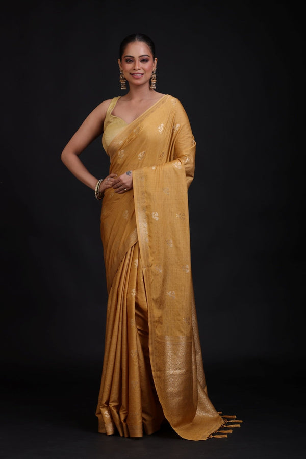 Golden Cotton Handloom Saree with Floral woven work - Anvi Couture
