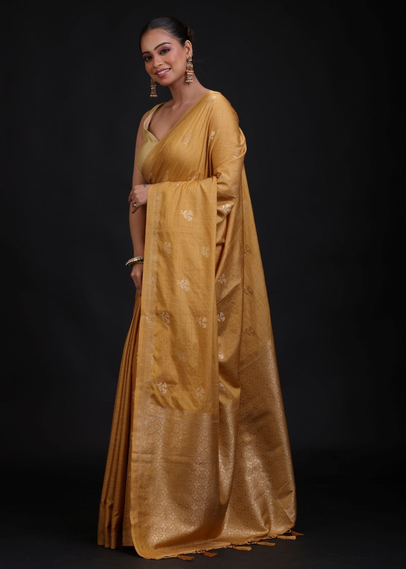 Golden Cotton Handloom Saree with Floral woven work - Anvi Couture