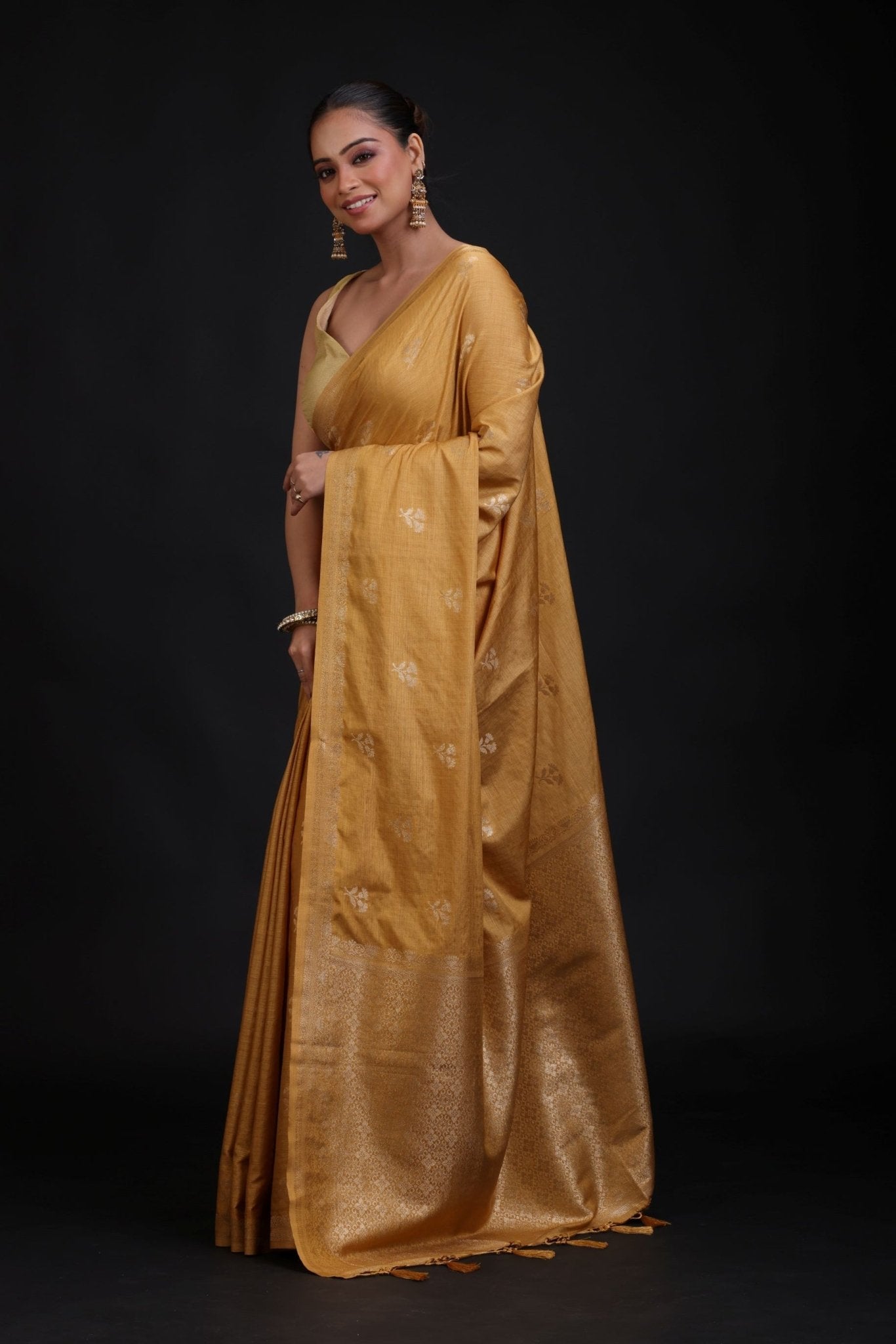 Golden Cotton Handloom Saree with Floral woven work - Anvi Couture