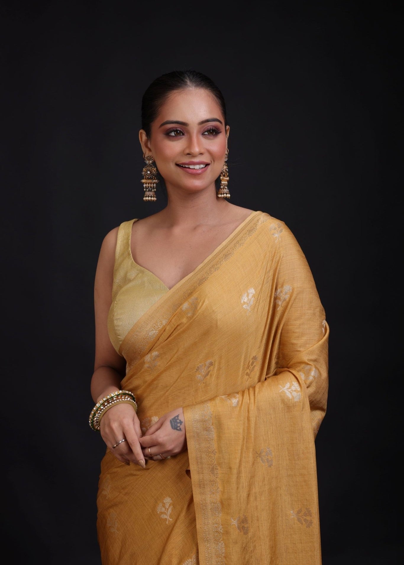 Golden Cotton Handloom Saree with Floral woven work - Anvi Couture