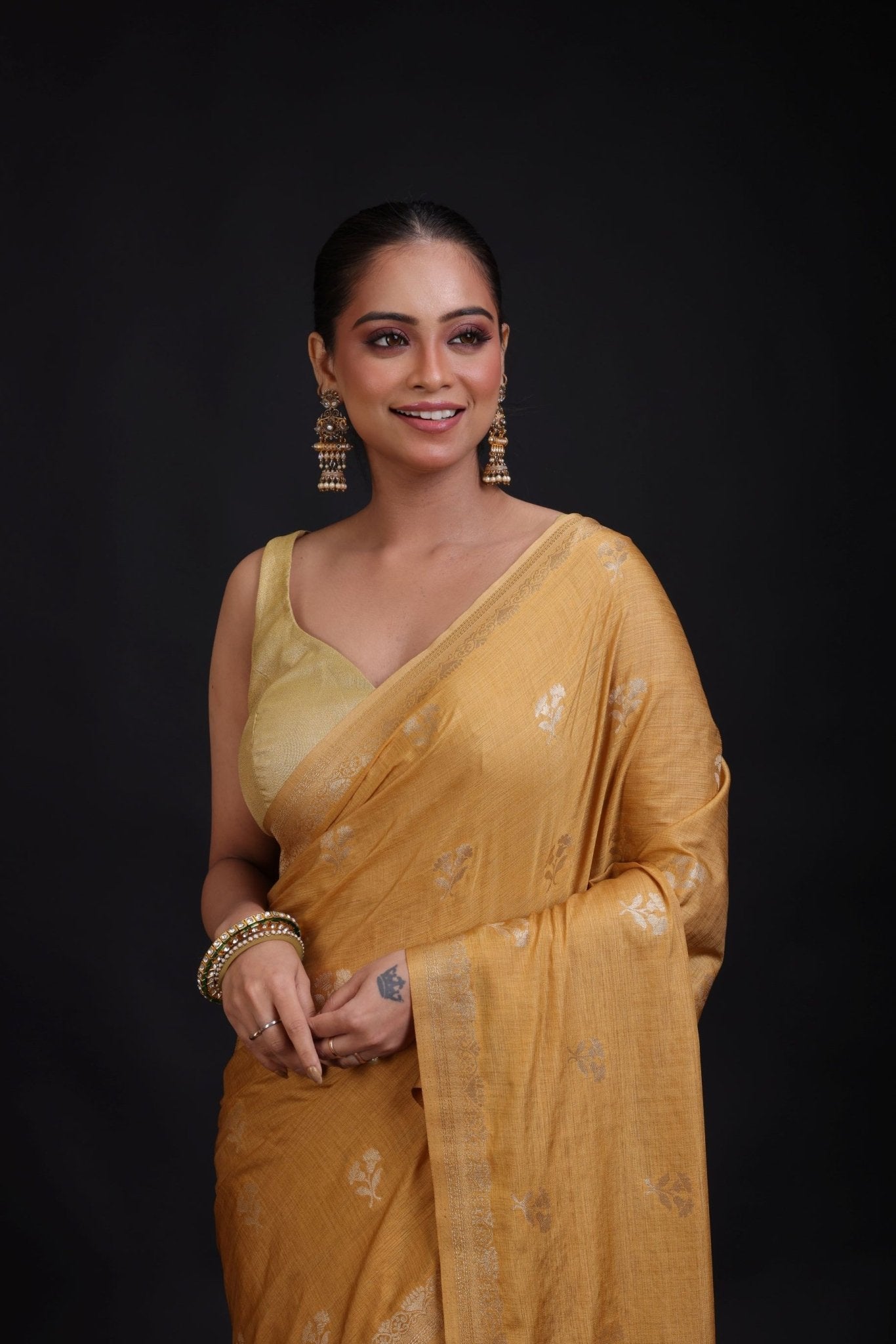 Golden Cotton Handloom Saree with Floral woven work - Anvi Couture