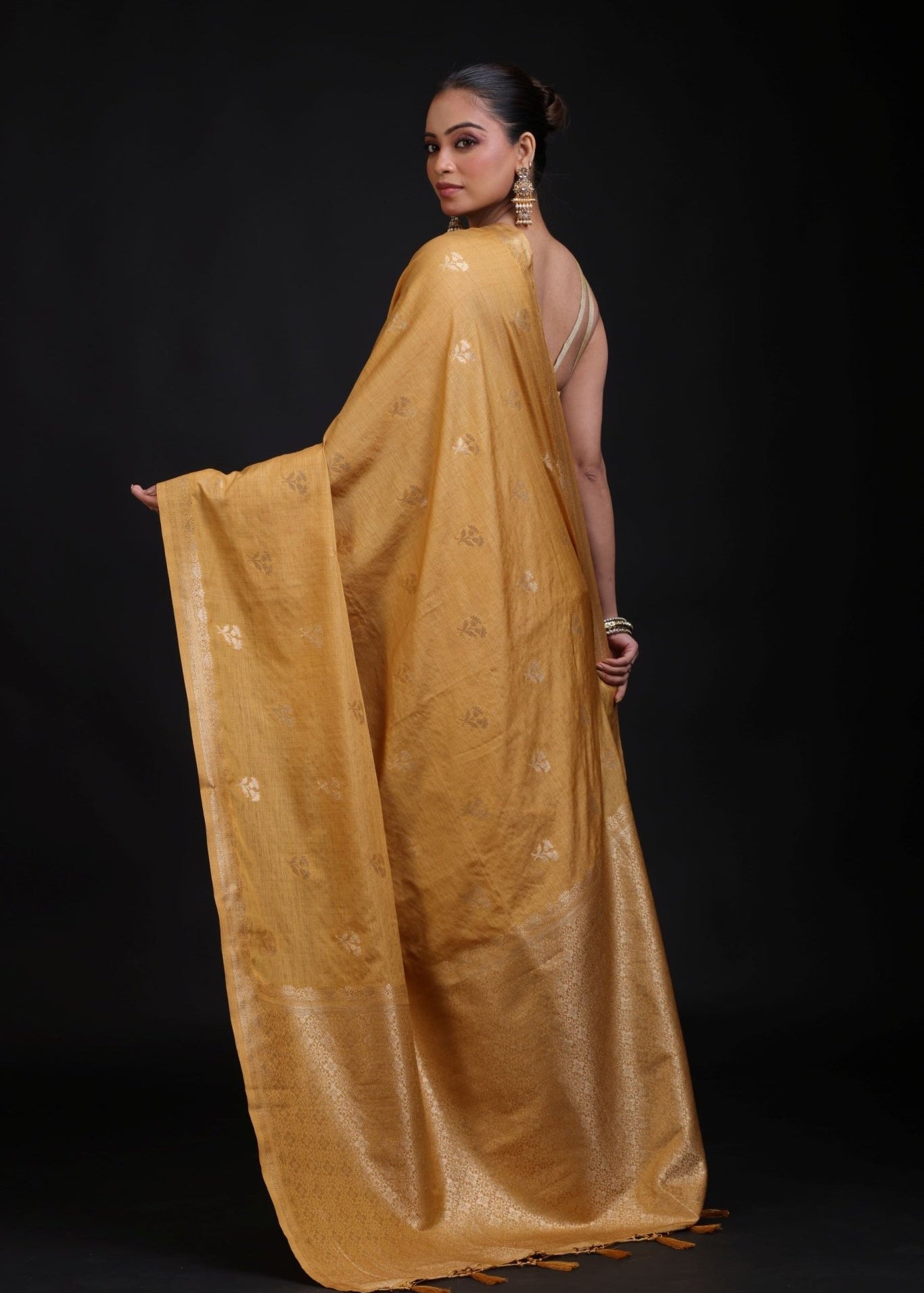 Golden Cotton Handloom Saree with Floral woven work - Anvi Couture