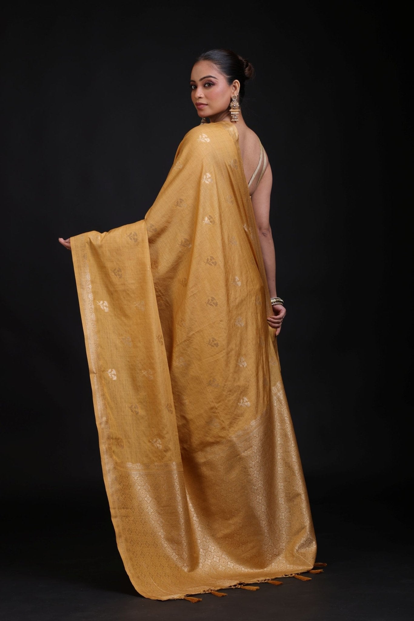 Golden Cotton Handloom Saree with Floral woven work - Anvi Couture