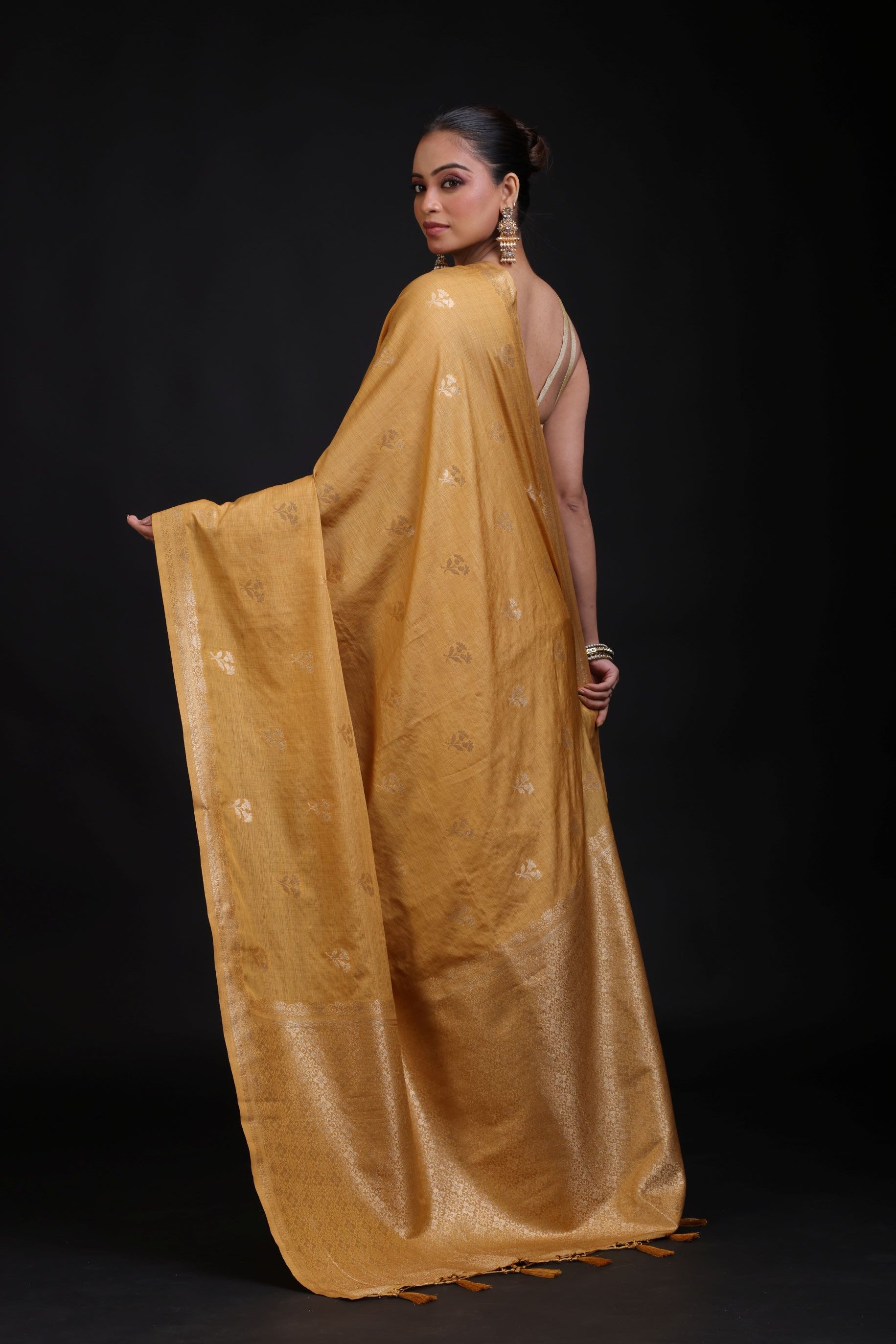 Golden Cotton Handloom Saree with Floral woven work Back

