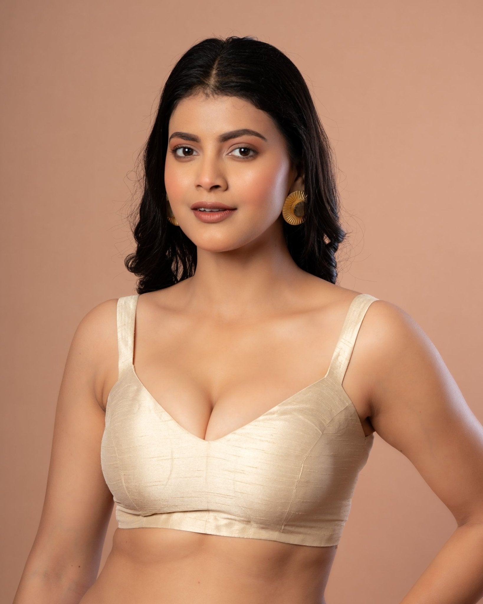 Golden Raw Silk Sleeveless V Neck Blouse - Anvi Couture