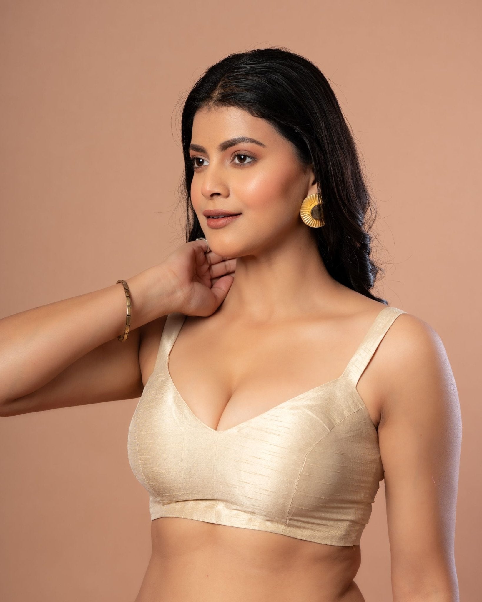 Golden Raw Silk Sleeveless V Neck Blouse - Anvi Couture