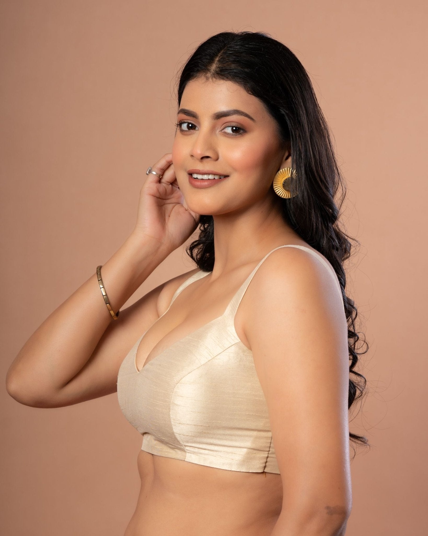 Golden Raw Silk Sleeveless V Neck Blouse - Anvi Couture