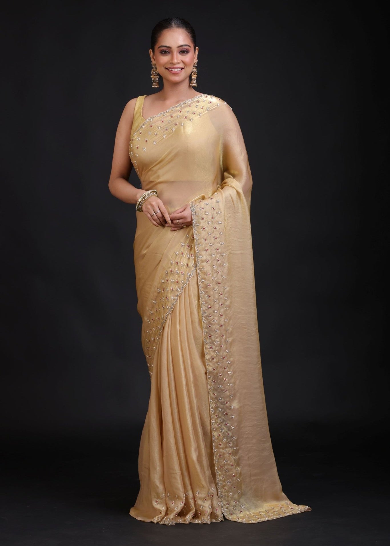 Golden Tissue Saree With Hand Embroidered - Anvi Couture