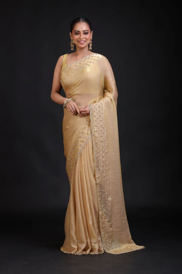Golden Tissue Saree With Hand Embroidered - Anvi Couture