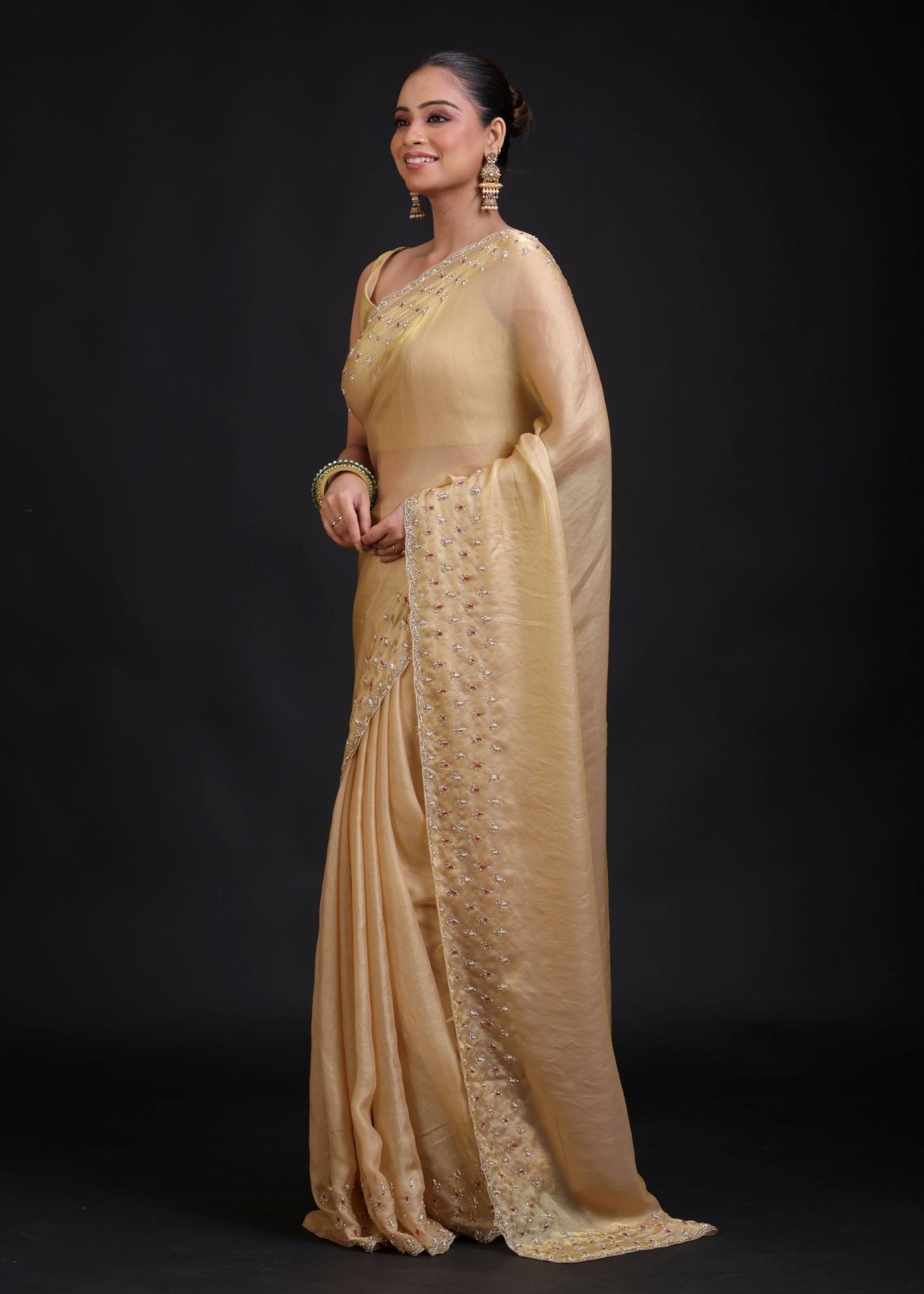 Golden Tissue Saree With Hand Embroidered - Anvi Couture