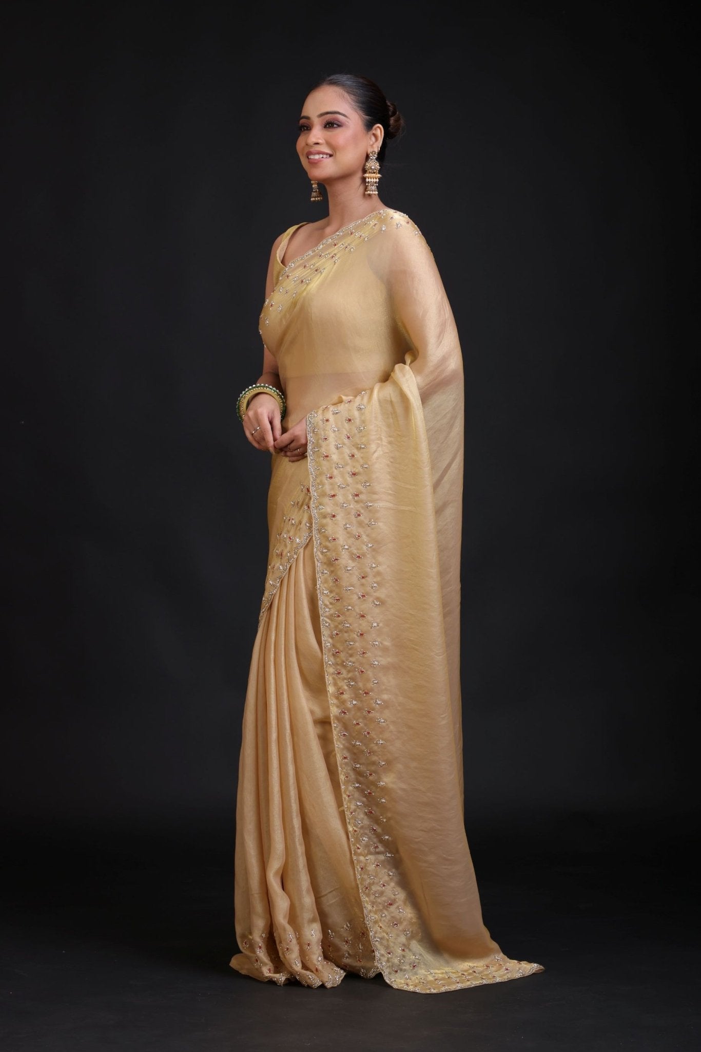 Golden Tissue Saree With Hand Embroidered - Anvi Couture