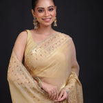 Golden Tissue Saree With Hand Embroidered Close Up
