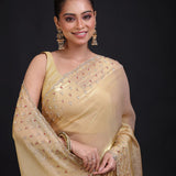 Golden Tissue Saree With Hand Embroidered Close Up
