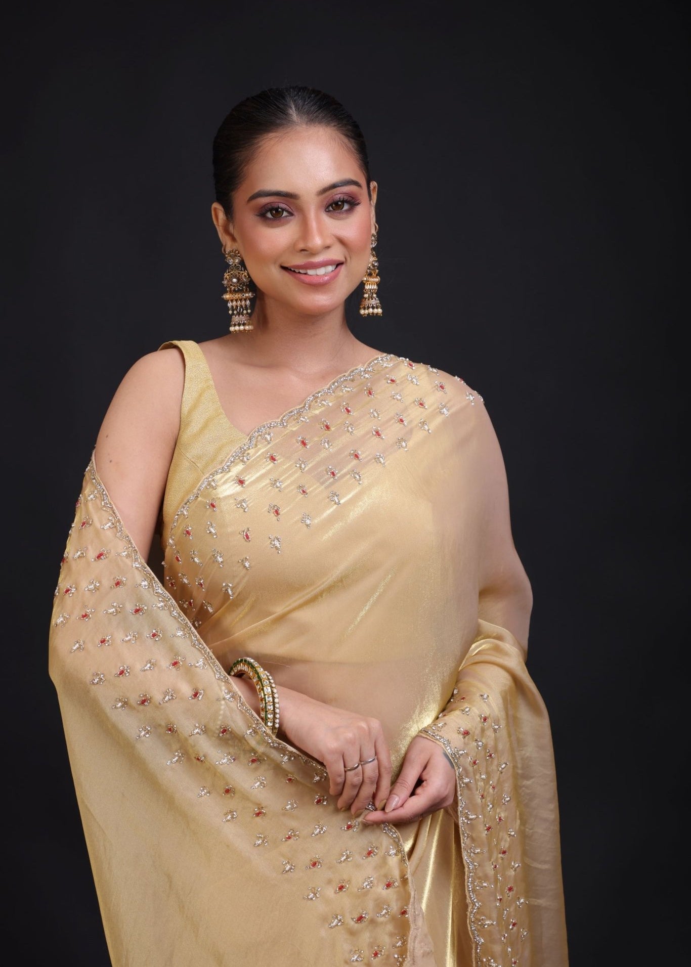 Golden Tissue Saree With Hand Embroidered - Anvi Couture