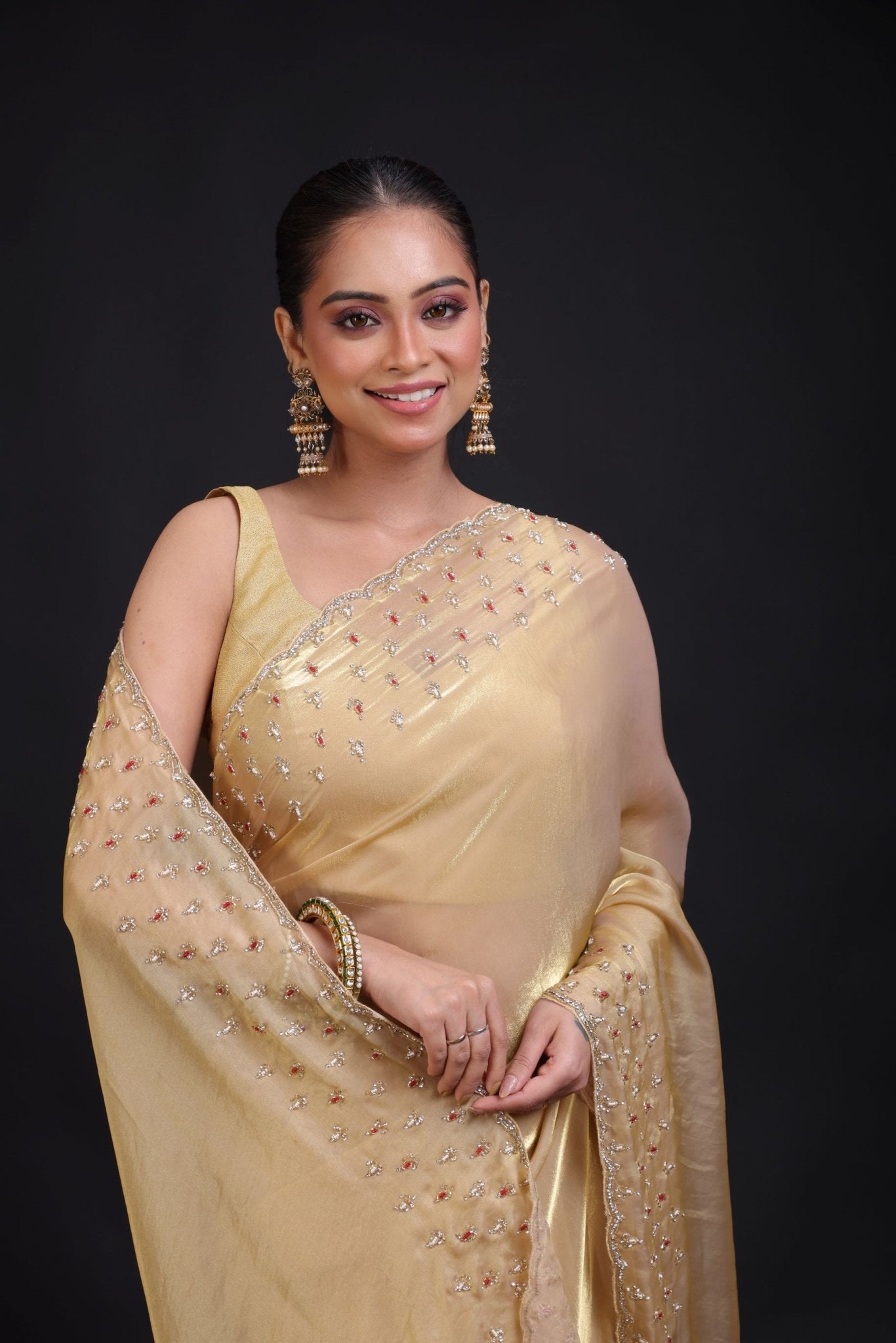 Golden Tissue Saree With Hand Embroidered - Anvi Couture
